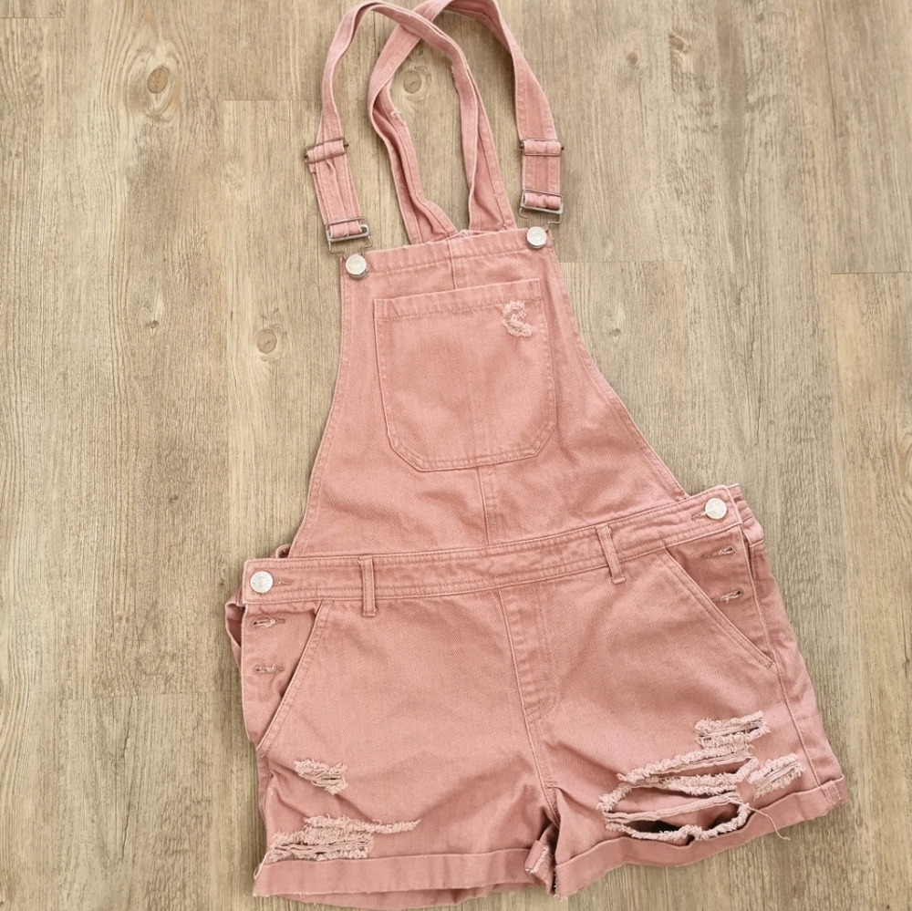 Pink denim distressed short romper overalls